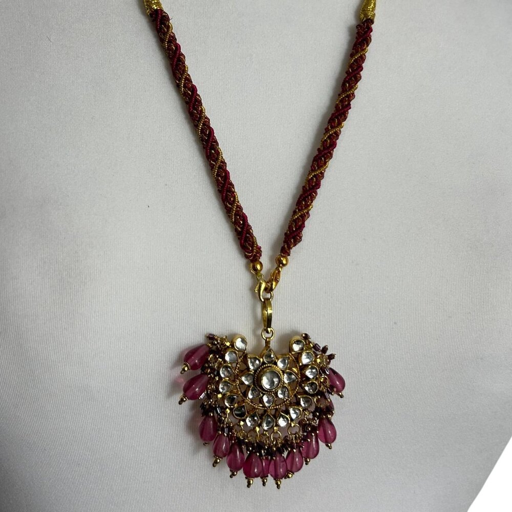 Corded Bollywood Style Necklace Ethnic Gold Tone Rhinestones Red Maroon Beads